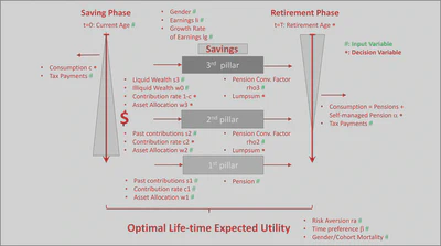 Graphical Description of the entire pension planning process in Liechtenstein including input (#) and decision (*) variables.